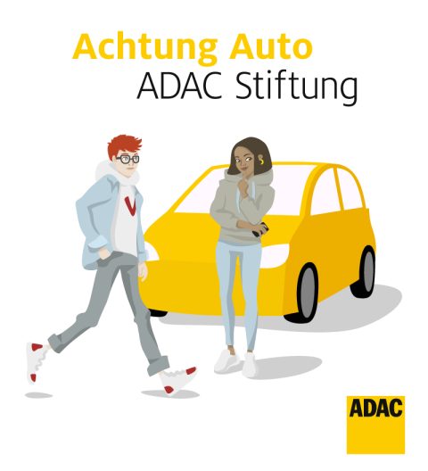 Illustration. Vor einem gelben Auto steht ein Mädchen. Ein Junge kommt hinzu. Schriftzug Achtung Auto, ADAC Stiftung