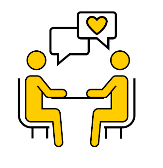 Icon mit zwei Personen an einem Tisch. Sprechblasen, eine Sprechblase enthält ein Herz