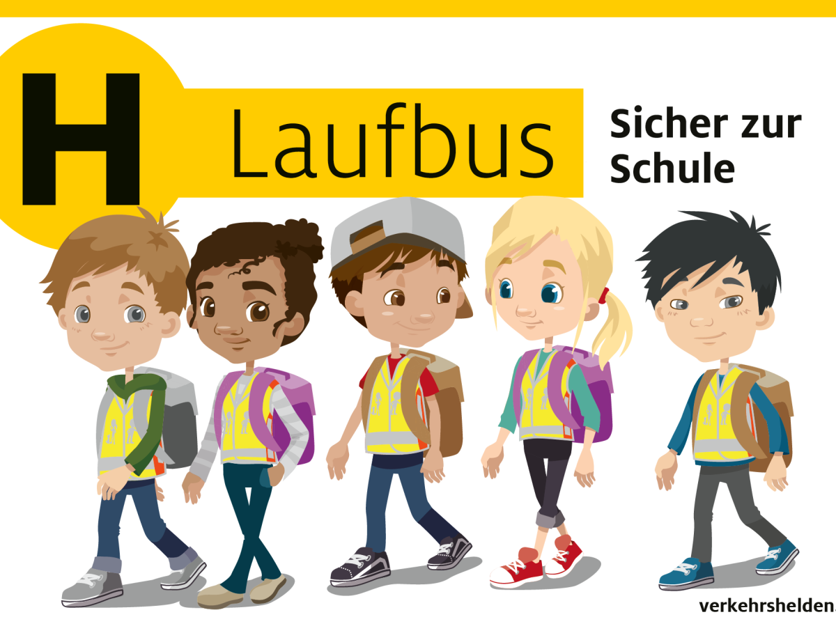 Illustration, 5 Kinder mit Sicherheitswarnwesten und Schulranzen gehen zusammen zur Schule, über ihnen ist ein gelbes Schild mit der Aufschrift Laufbus platziert.