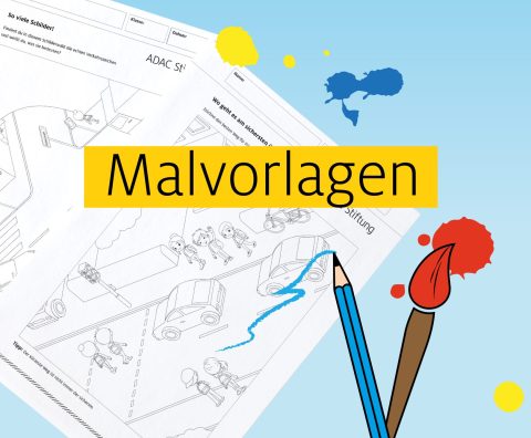 Grafik Malvorlagen mit Abbildung der Malvorlagen, Pinseln und bunten Klecksen.