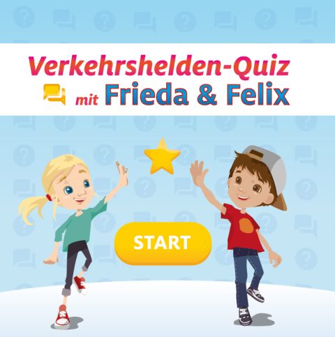 Grafik mit den Verkehrshelden Figuren Frieda und Felix. Start-Button und Text "Verkehrshelden-Quiz mit Frieda und Felix