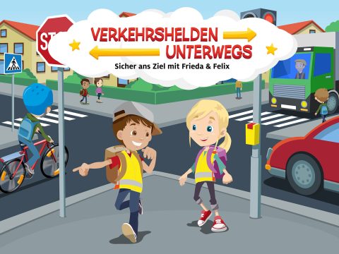 Grafik mit den Verkehrshelden Figuren Frieda und Felix, die eine gelbe Kindersicherheitsweste tragen und auf einem Gehweg an einer Kreuzung stehen. Text im Bild: Verkehrshelden unterwegs".