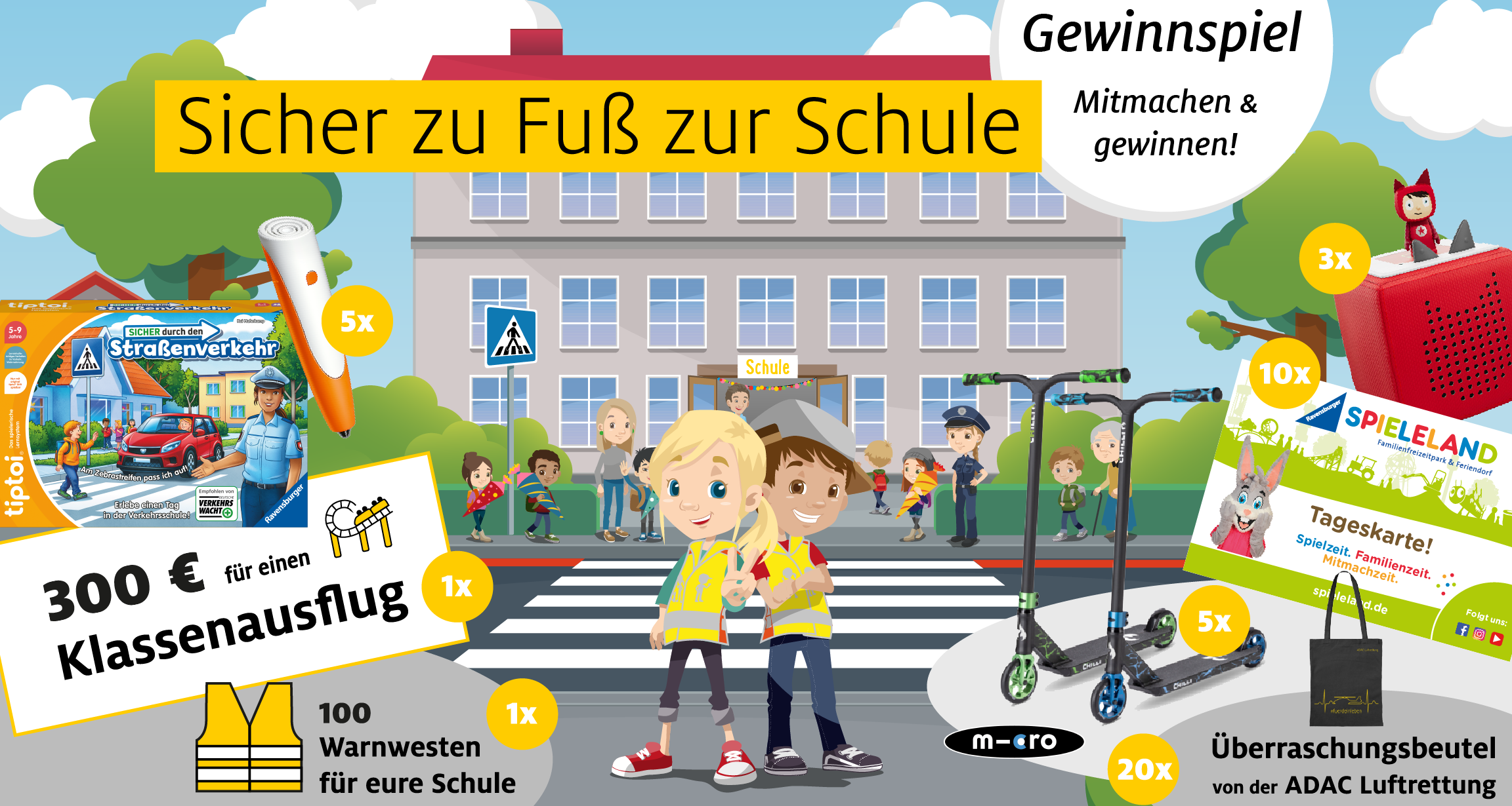 Gewinnspiel Teaser Sicher zu Fuß zur Schule 2025 mit den Figuren Frieda und Felix vor einer Schule und einem Zebrastreifen. Um die Figuren werden die Preise dargestellt, die beim Gewinnspiel verlost werden, unter anderem 100 Warnwesten für eure Schule, 2 Roller von micro mobility sowie Tageskarten für das Ravensburger Spieleland.
