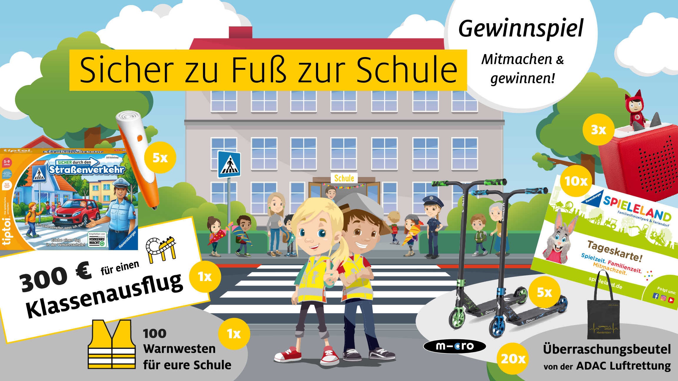 Gewinnspiel Teaser Sicher zu Fuß zur Schule 2025 mit den Figuren Frieda und Felix vor einer Schule und einem Zebrastreifen. Um die Figuren werden die Preise dargestellt, die beim Gewinnspiel verlost werden, unter anderem 100 Warnwesten für eure Schule, 2 Roller von micro mobility sowie Tageskarten für das Ravensburger Spieleland.