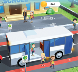 Bunte Illustration mit Schulbus, Schulkindern und einer Schule auf der gegenüberliegenden Straßenseite. Kinder steigen aus dem Bus aus.
