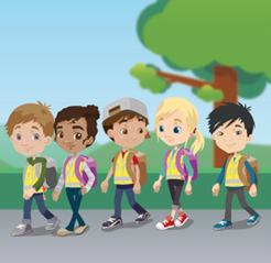 Farbige Illustration. Mehrere Schulkinder gehen mit gelben Kinder-Sicherheitswesten gemeinsam zu Fuß zur Schule.