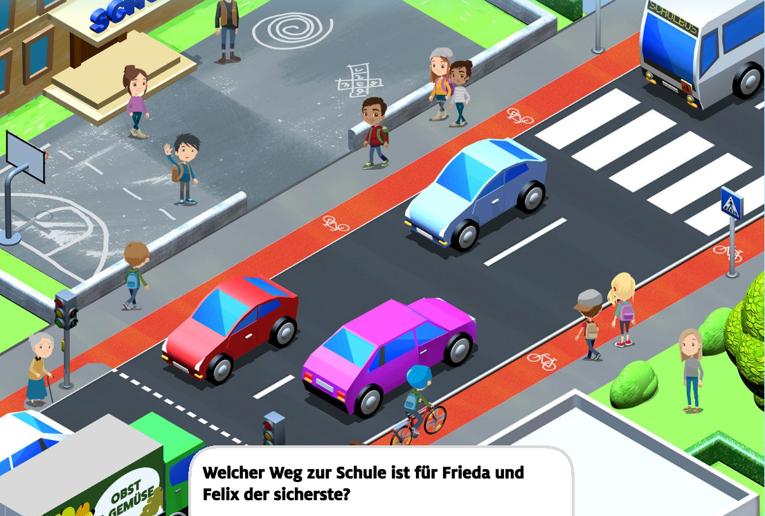 Farbige Illustration mit einer Straße, einem Schulhof, und Gehwegen. Schulkinder sind zu sehen. Es gibt verschiedene Wege zur Schule, zum Beispiel eine Ampel und einen Zebrastreifen.