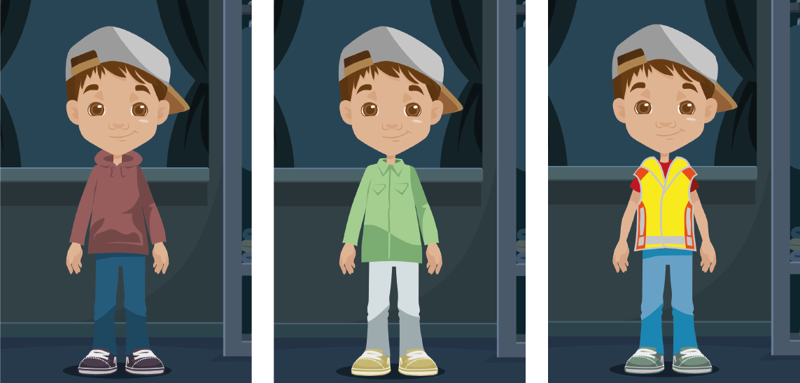 Illustration zeigt einen Jungen auf drei Bildern unterschiedlich gekleidet in einer dunklen Umgebung. Er trägt im ersten Bild dunkle Kleidung, im zweiten Bild ist er farblich grün gekleidet, im dritten Bild trägt er einen helle, gelbe Sicherheitswarnweste.