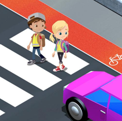 Bunte Illustration. Die Figuren Frieda und Felix überqueren einen Zebrastreifen und schauen in Richtung eines stehenden Autos.