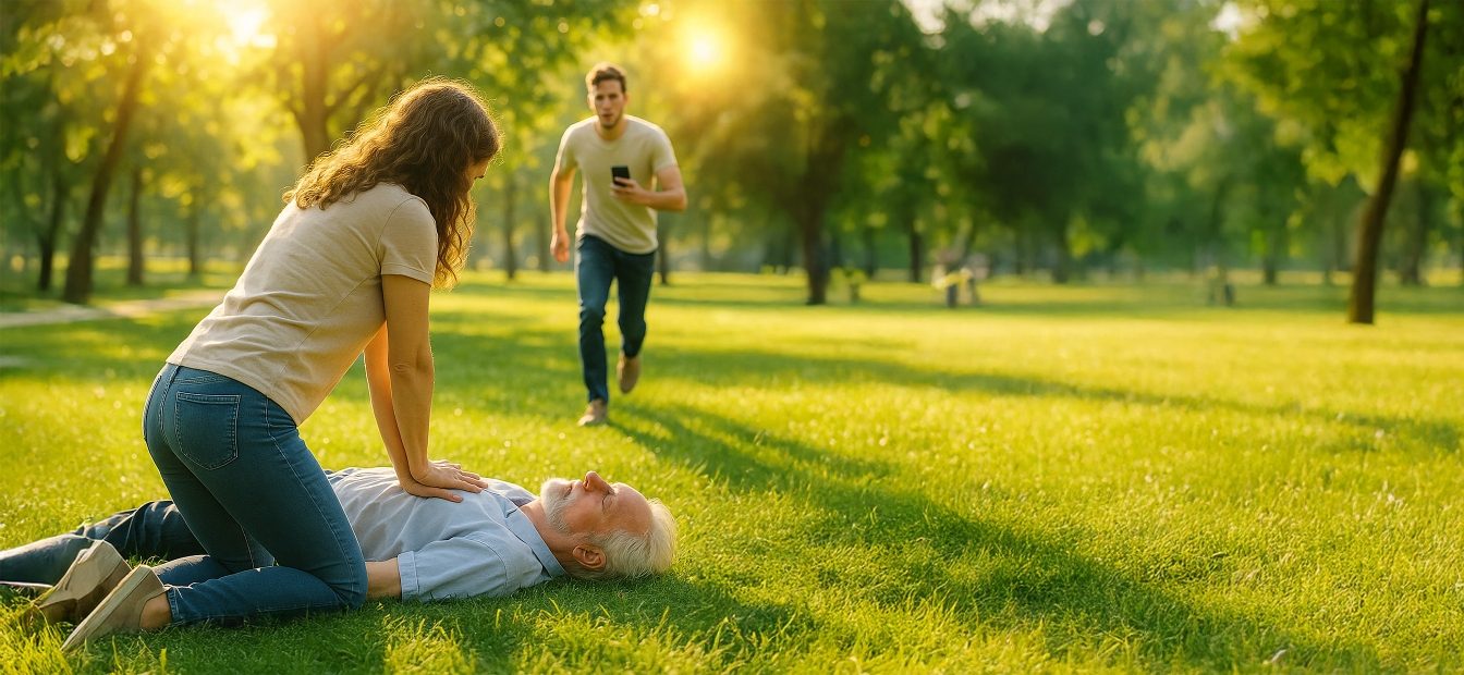 Eine Frau führt eine Reanimation bei einem älteren Mann durch, der regungslos auf einer Wiese in einem Park liegt. Im Hintergrund eilt ein Mann mit einem Smartphone in der Hand herbei.