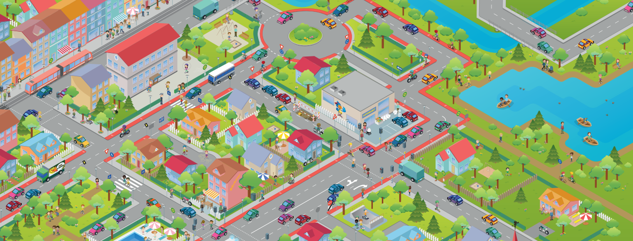 Wimmelbild einer Stadt mit Straßen, Gebäuden, Menschen, Parks.