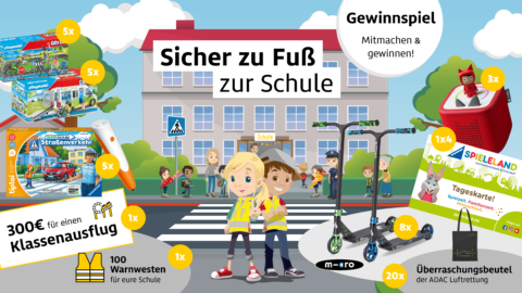 Gewinnspiel-Teaser mit Abbildung der Gewinne und den Verkehrshelden-Figuren Frieda und Felix