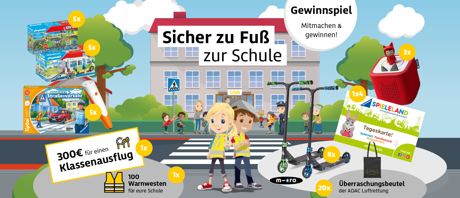 Gewinnspiel-Teaser mit Abbildung der Gewinne und den Verkehrshelden-Figuren Frieda und Felix